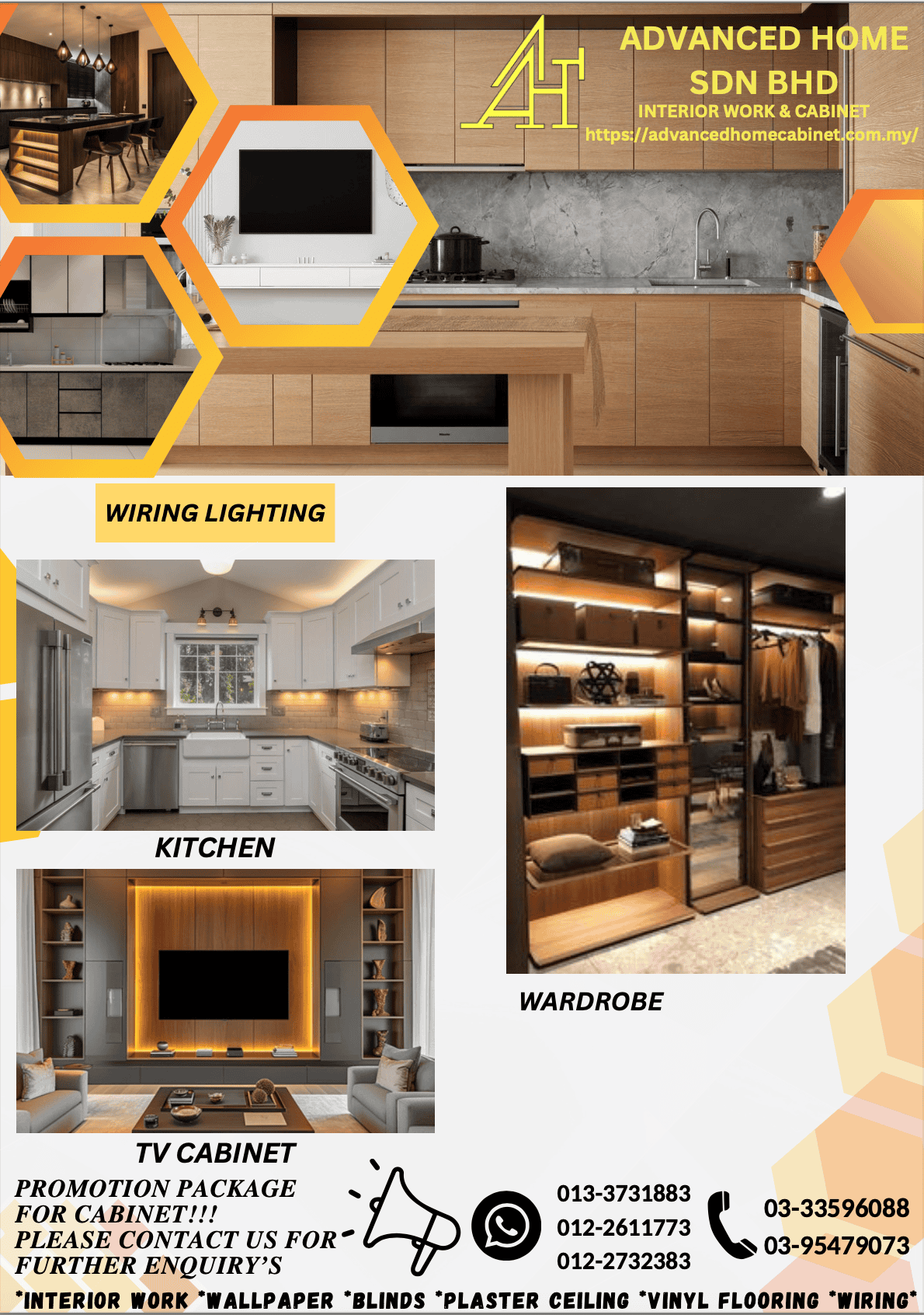 Advanced Home Cabinet banner with contact details and services including interior work, wallpaper, blinds, plaster ceiling, vinyl flooring, and wiring.